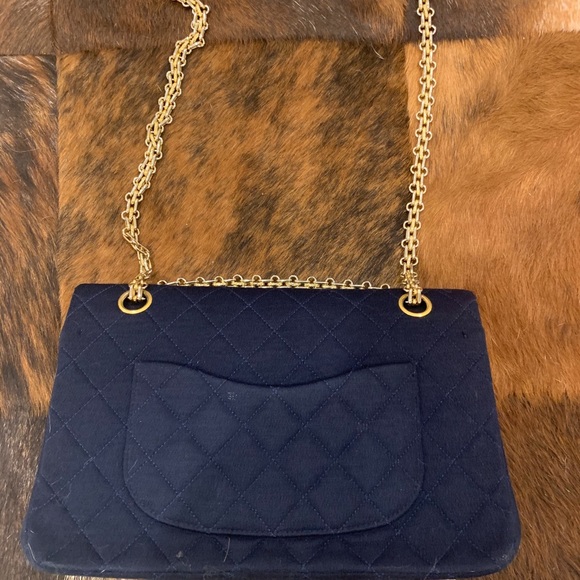 Authentic Chanel Jersey Double Chain Flap  Matelasse Navy - Picture 3 of 16